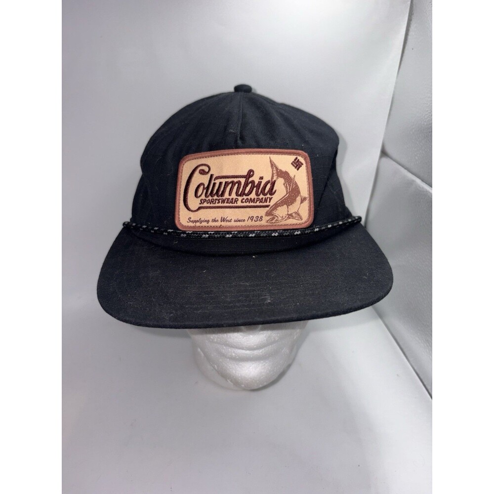 Columbia Ratchet Strap Fish Patch Snapback Hat Black 5-Panel Vintage Rope Cap